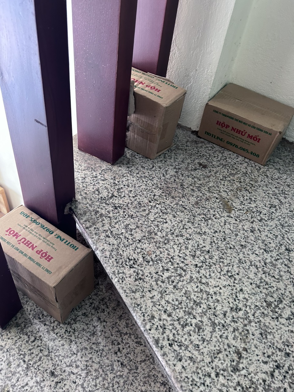 Nhân viên kỹ thuật đang đặt hộp nhử mối tại chân tường nhà dân